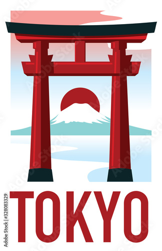 a floating red torii gate with sunsets and mount fuji  in the background, tokyo travel poster. Handmade drawing vector illustration. Vintage style poster, sticker and postcard design