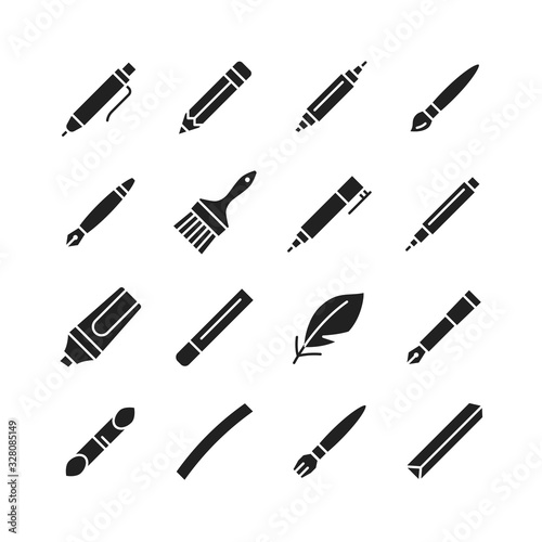 Tools for drawing, calligraphy, lettering, sketching flat glyph icon set. Paintbrush, pen, pencil, feather, marker, felt pen, charcoal, crayon, chalk, bamboo.Vector illustration.