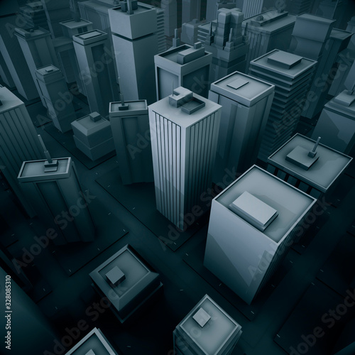 Digital art of city landscape cloudy view in cold colors. Print of aerial city illustration with small and big houses, streets and buildings.