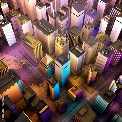 Digital art of city landscape cloudy view in cold colors. Print of aerial city illustration with small and big houses, streets and buildings.