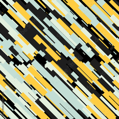 Abstract tiles with diagonal geometric pattern with yellow and blue figures on a black background. Print of digital modern futuristic art.