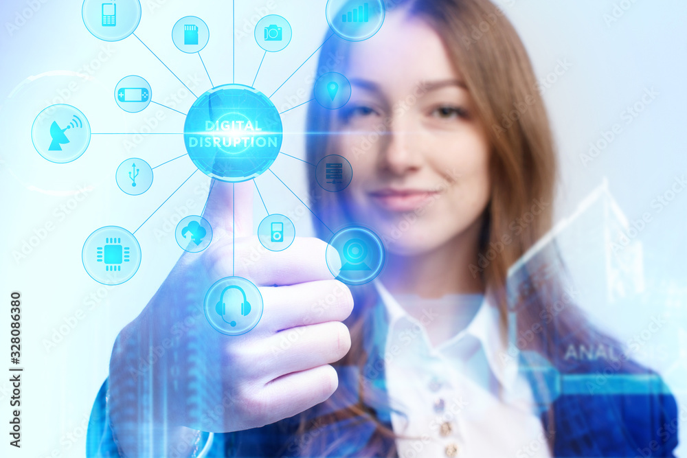 Business, Technology, Internet and network concept. Young businessman working on a virtual screen of the future and sees the inscription: digital disruption Business, Technology, Internet and network concept. Young businessman working on a virtual screen of the future and sees the inscription: digital disruption