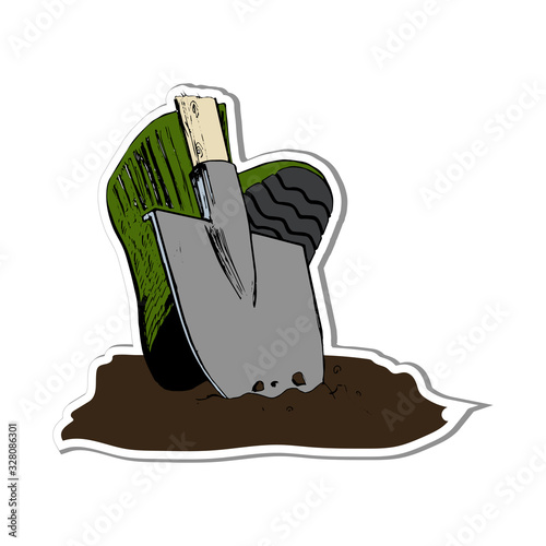 Vector hand-drawn sticker of seasonal agricultural works. A leg in a boot presses on blade of a shovel. Digging the ground, spring time to make beds Sketch black white isolated outline cartoon drawing