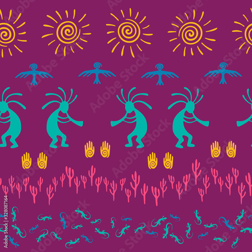 Folk, design with trickster god, swirl icons on human palm, sun, eagle.
