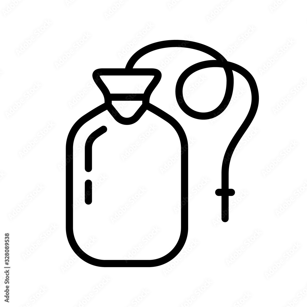 Enema bag or blood pack. Thick linear icon of nurse rubber bottle with  drain tube. Black illustration of medical tool for cleansing intestines,  transfusion. Contour isolated vector on white background Stock Vector