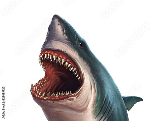  Great white shark on a white background head. Sliced head of a great white shark isolate.