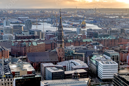 Die Speicherstadt mit St. Katharinen in Hamburg von oben photo