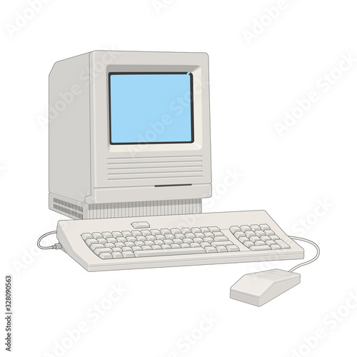 The retro desktop white computer with monitor, keyboard and mouse on the white background in EPS10