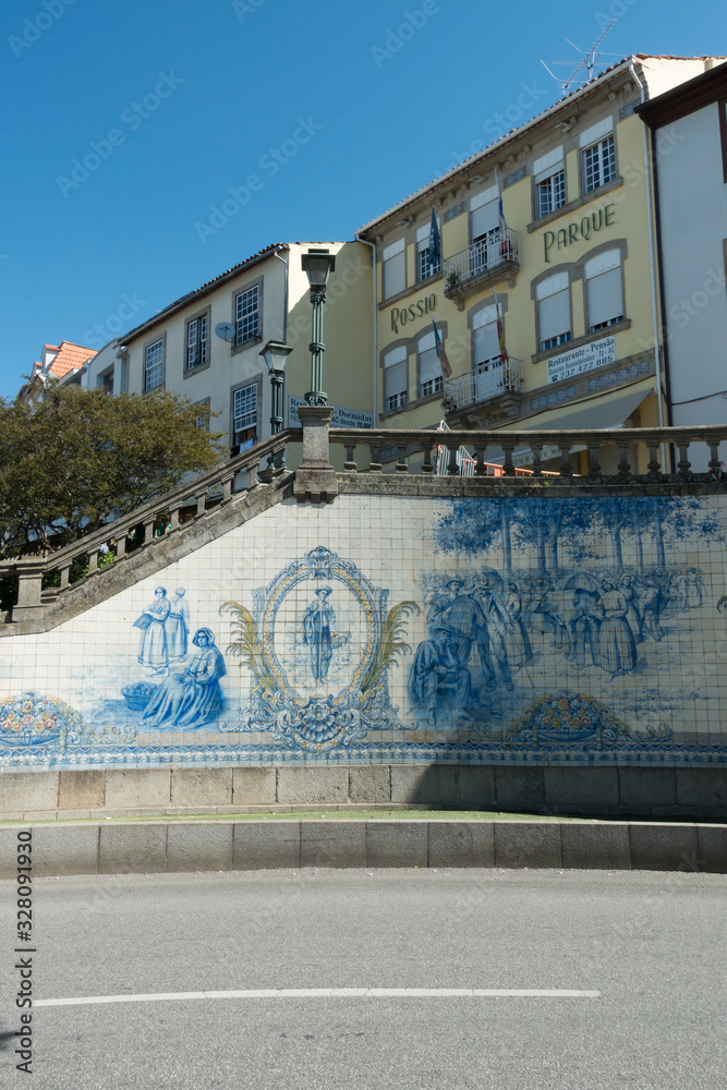 section of the tile panel of Rossio located in the historic town of Viseu, Portugal - obrazy, fototapety, plakaty 