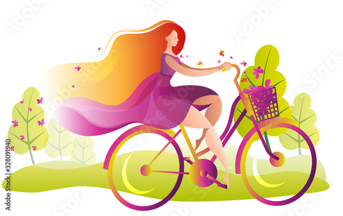 A beautiful girl in a dress rides a Bicycle with a basket of flowers. Illustration on the theme of spring and bicycles.