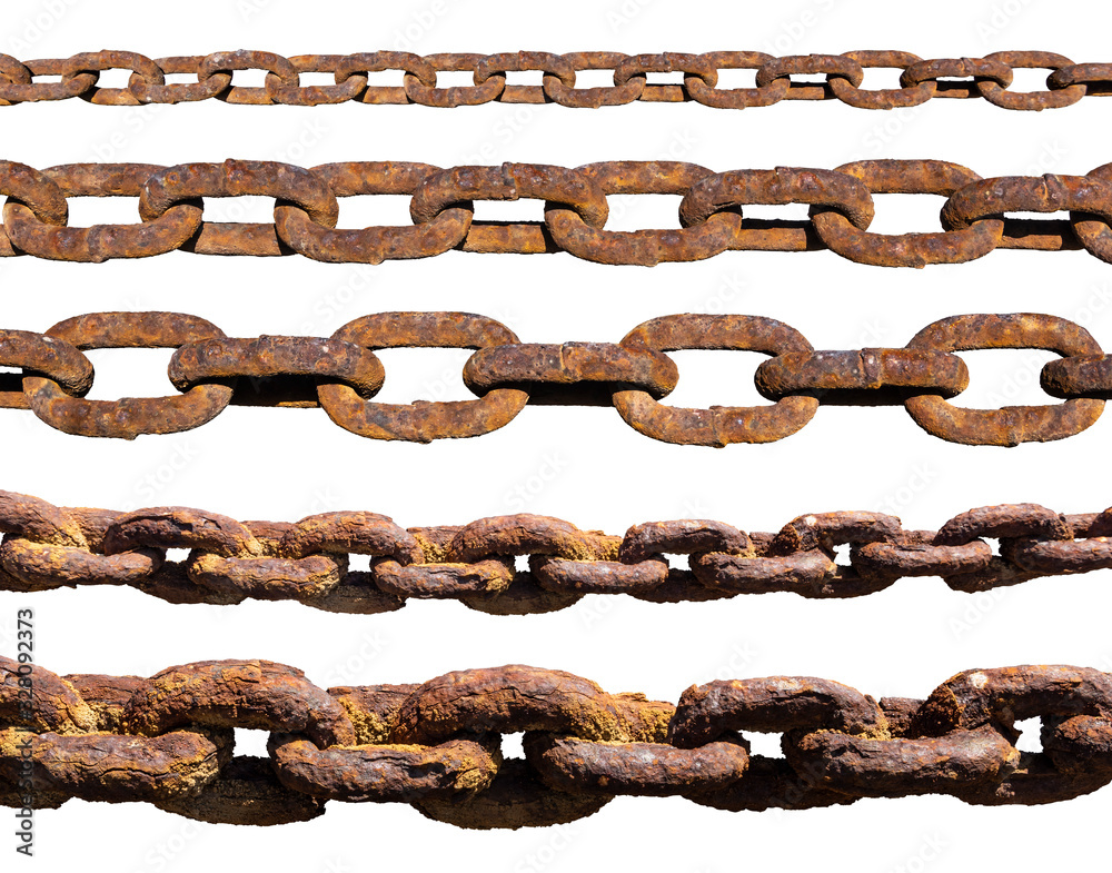Set of old,rusty, extremely corroded chains isolated on white background Set of old,rusty, extremely corroded chains isolated on white background