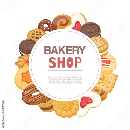 Bakery shop cookies and waffers sweet pastry circle poster cartoon vector illustration. Desserts baked cookies bakery goods poster with typography.