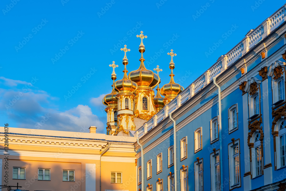 Resurrection church dome of Catherine palace in Tsarskoe Selo (Pushkin) at sunset, St. Petersburg, Russia
