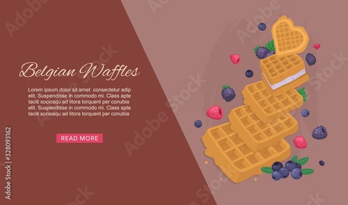 Belgian waffles snack with ice cream and berries, cafe breakfast menu vector illustration banner. Sweet tasty dessert waffles breakfast food poster with text.