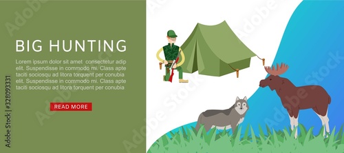 Hunting sport open season in forest with tent, hunter man, riffle and prey cartoon vector illustration. Big hunt with forest animals in nature , elk and wolf banner text.