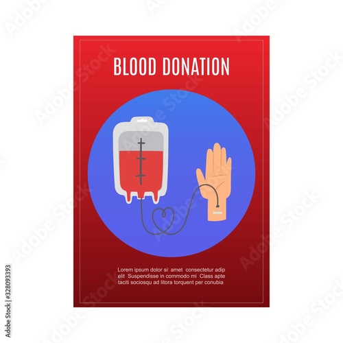 Blood donation with donors hand and blood tube, lifesaving and hospital care assistance vector illustration. Red medical hospital poster for blood donors, charity.