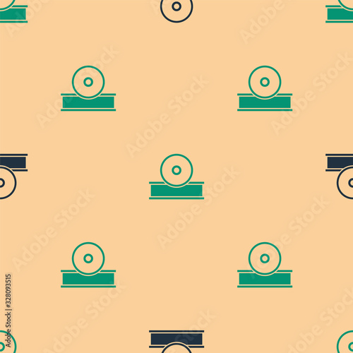 Green and black Otolaryngological head reflector icon isolated seamless pattern on beige background. Equipment for inspection the patient's ear, throat and nose. Vector Illustration