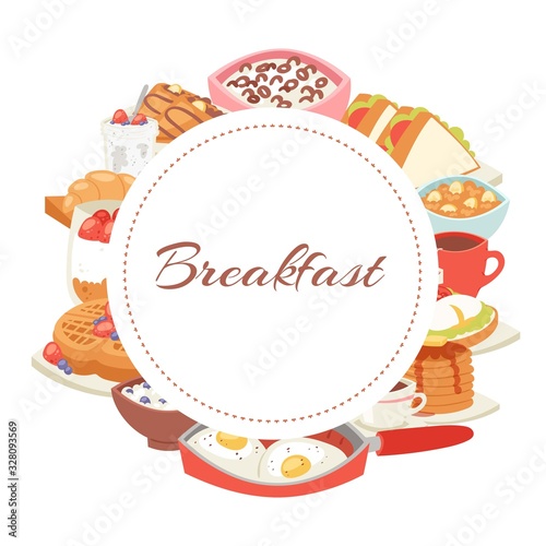 Hotel breakfast menu poster with croissant, waffles, fried eggs, bacon and oatmeal top view composition banner vector illustration. Breakfast hotel, cafe or restaurant banner.