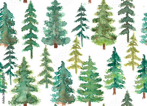 Green pine trees watercolor seamless pattern in white background. Fir trees silhouettes and splashes background. Watercolor abstract woodland