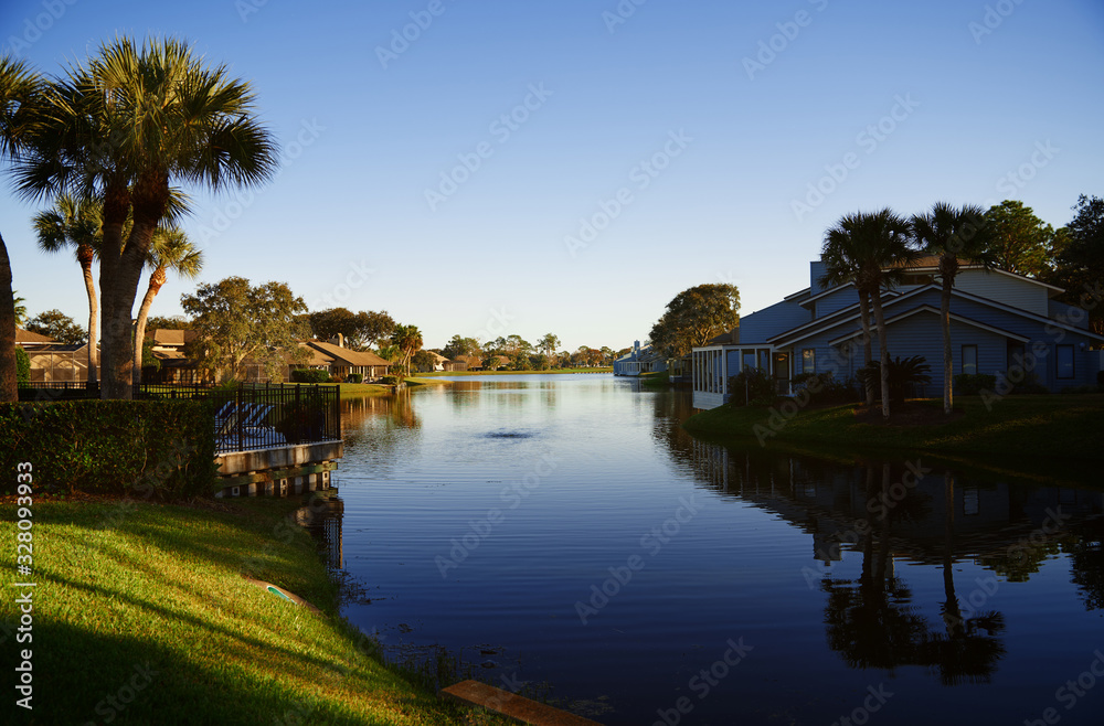 View on suburb district with pond and palm trees. Florida, USA