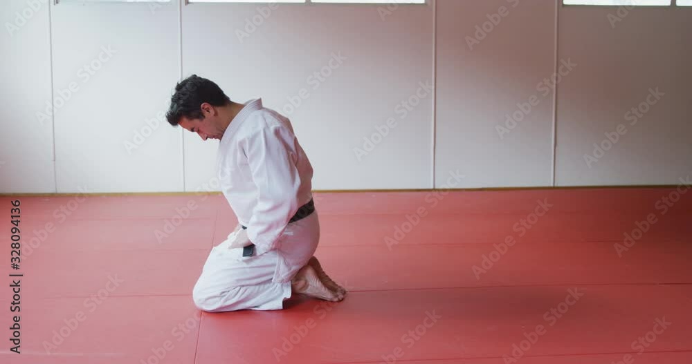 Side view judoka kneeling on the judo mat Side view judoka kneeling on the judo mat