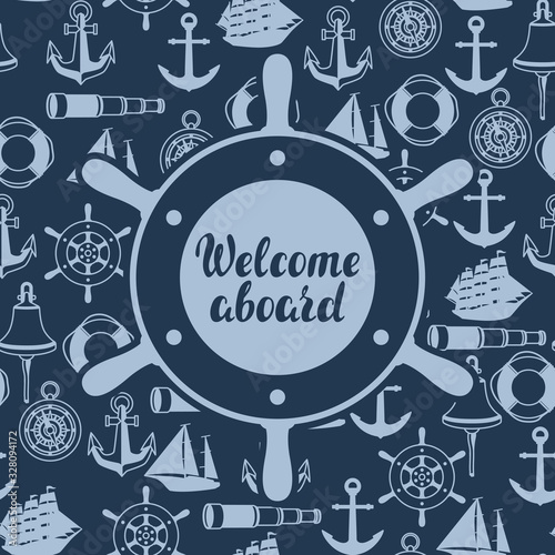 Background with nautical symbols and items.