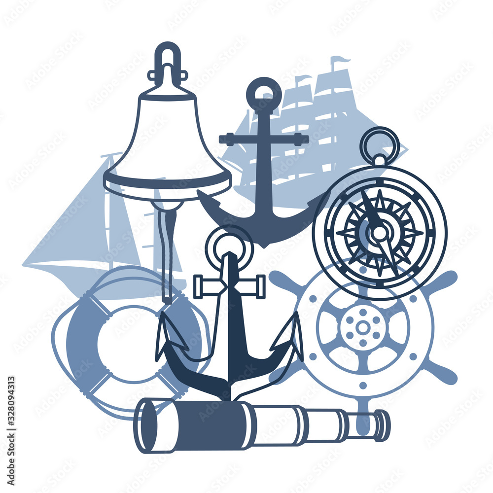 Background with nautical symbols and items.