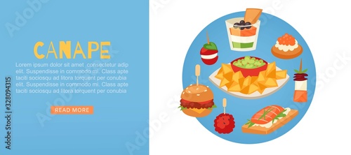 Canapes, mini burgers, appetizer, finger food with caviar, olives and green vegetables cartoon web banner with typography vector illustration. Buffet, restaurant canape finger food and snack webpage.