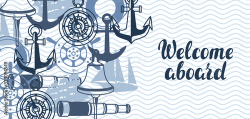 Background with nautical symbols and items.