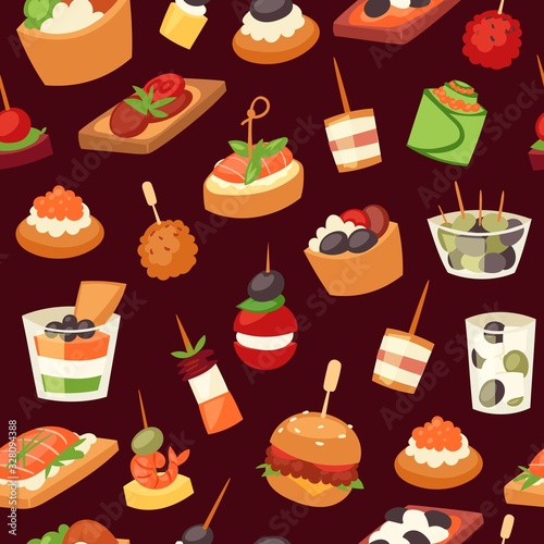 Canapes, mini burgers, appetizer, finger food with caviar, olives and green vegetables cartoon seamless pattern vector illustration. Buffet, restaurant canape finger food and snack webpage.