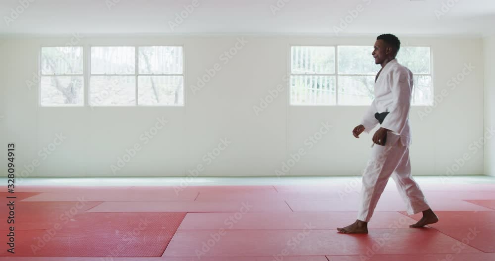 Karateka walking and kicking in the air Karateka walking and kicking in the air