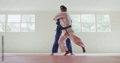Judokas training by doing a randori on the judo mat