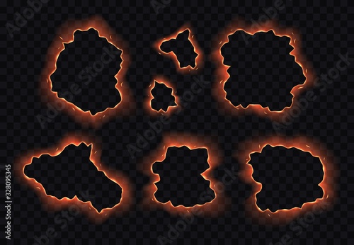 Set of burning paper holes, edges, frames with fire sparks isolated on transparent background. Vector illustration.