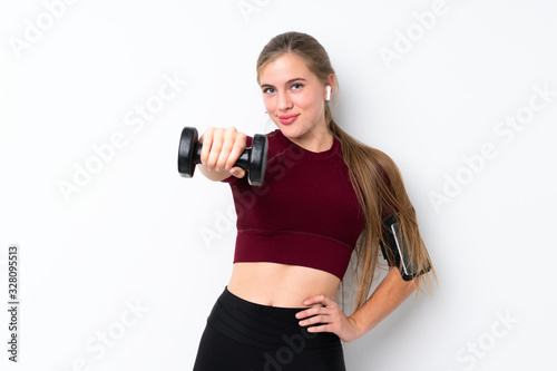 Sport teenager girl over isolated white background making weightlifting