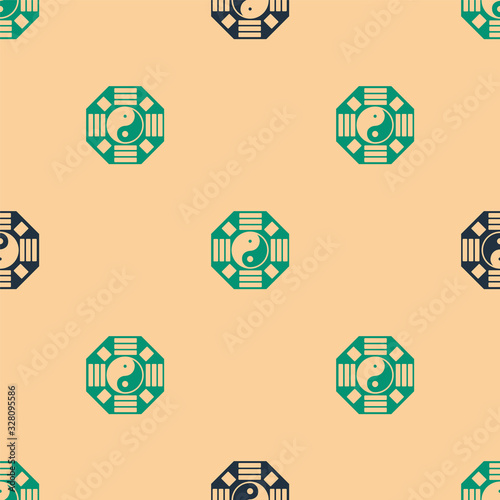 Green and black Yin Yang symbol of harmony and balance icon isolated seamless pattern on beige background. Vector Illustration