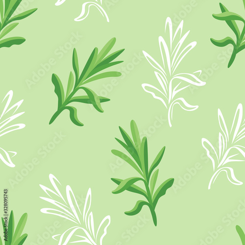 Tarragon leaf seamless pattern. Vector cartoon color illustration of green estragon herbs on green background. White outline.
