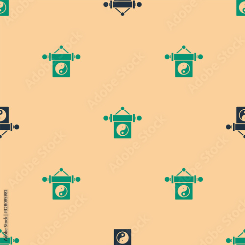 Green and black Yin Yang symbol of harmony and balance icon isolated seamless pattern on beige background. Vector Illustration