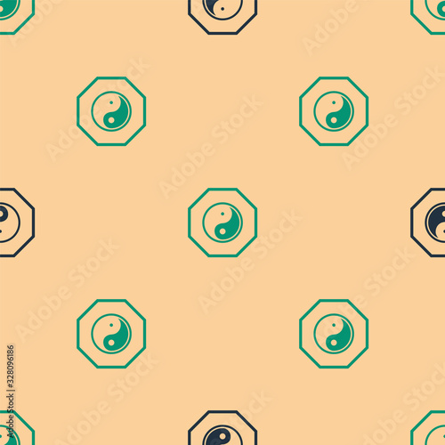 Green and black Yin Yang symbol of harmony and balance icon isolated seamless pattern on beige background. Vector Illustration