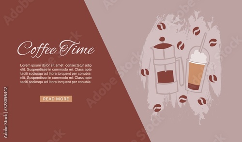 Coffee time, cafe, hot drinks dessert expresso and cappuccino web banner cartoon vector illustration. Coffee time break concept with hot drink menu, cafe.