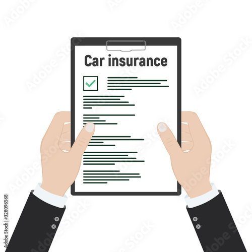 Car insurance document report vector illustration, flat cartoon paper agreement checklist or loan checkmarks form list approved with vehicle financial or legal deal