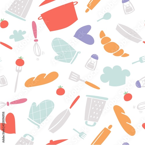 Cooking and baking seamless pattern, kitchenware utencils, bake in kitchen cartoon vector illustration. Cooking background with bread, cookers cap, dish bowl isolated on white.