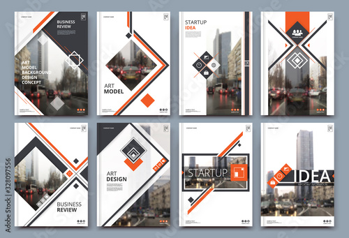 Abstract binder layout. White a4 brochure cover design. Fancy info text frame. Creative ad flyer font. Title sheet model set. Modern vector front page. Elegant city banner. Orange figures icon fiber