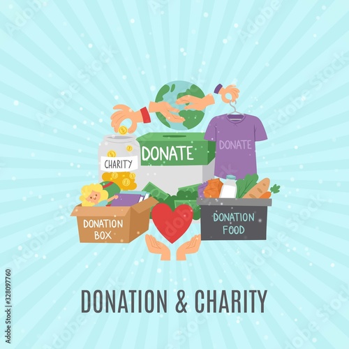 Donate and help symbols, charity organization, heart flat icons set of food and clothes donation cartoon vector illustration. Charity and donation, volunteering in world poster.