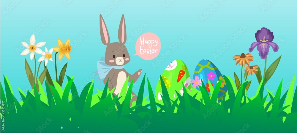 Easter rabbit background with cute bunnies, baby rabbit and grass, spring flowers, colored eggs cartoon vector illustration. Easter rabbits for poster holiday or spring card.