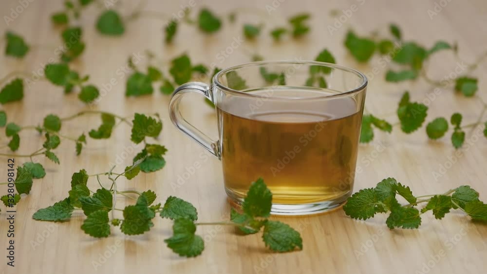 lemon balm melissa green tea on wooden table slide to the right lemon balm melissa green tea on wooden table slide to the right