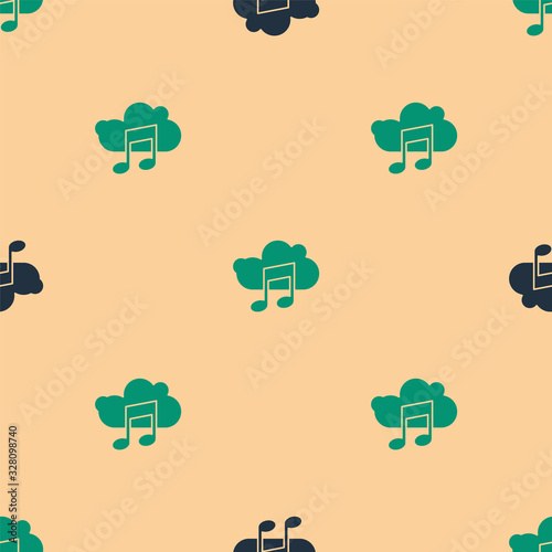 Green and black Music streaming service icon isolated seamless pattern on beige background. Sound cloud computing, online media streaming, song, audio wave. Vector Illustration