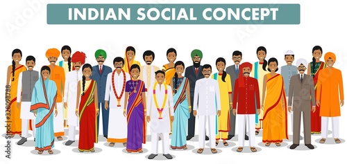 Family and social concept. Group indian people standing together in different traditional clothes on white background in flat style. Vector illustration.
