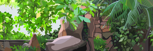 Panoramic background with the remains of a stone wall and tropical plants