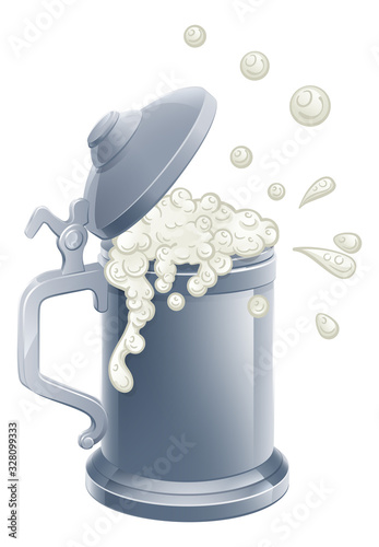A cartoon beer stein pint tankard mug with drink spilling out
