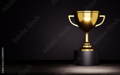 Golden trophy cup on wood. 3d render
